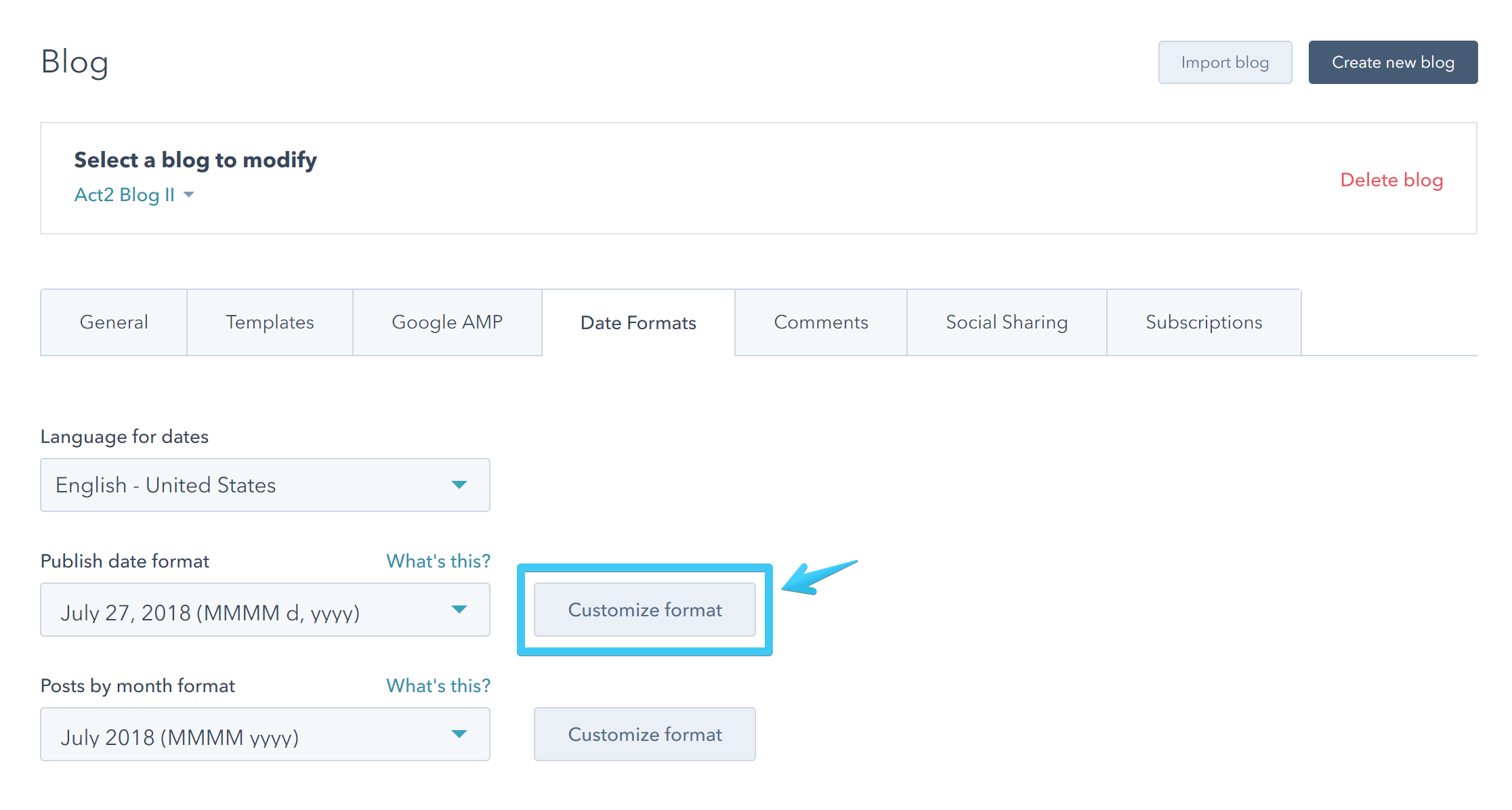 Act2 Content Setting Blog II Publish Date Custom Format Button