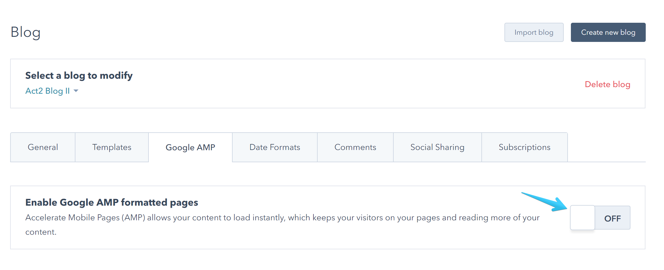 Act2 Content Settings Google AMP Disabled