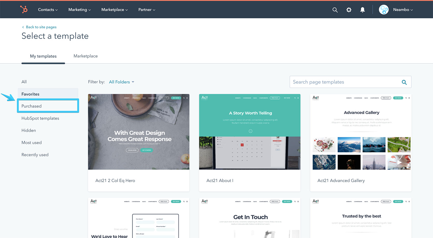 Act2 Create a Website Page Purchased Templates
