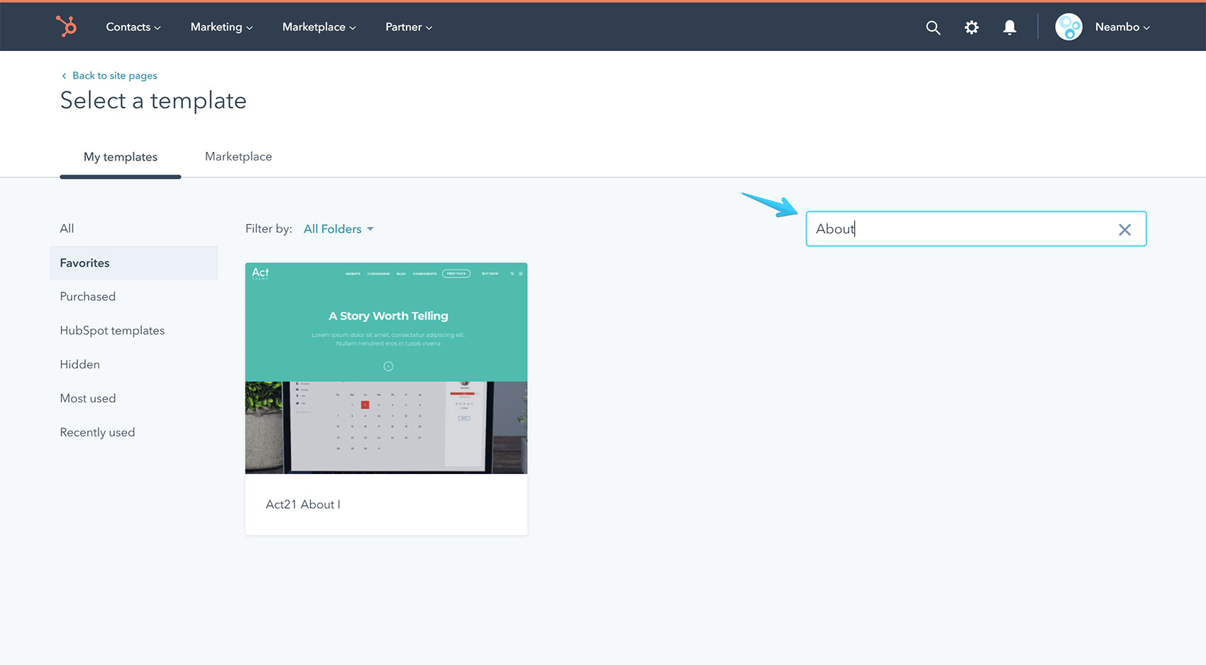 Act2 Create a Website Page Search Template Name