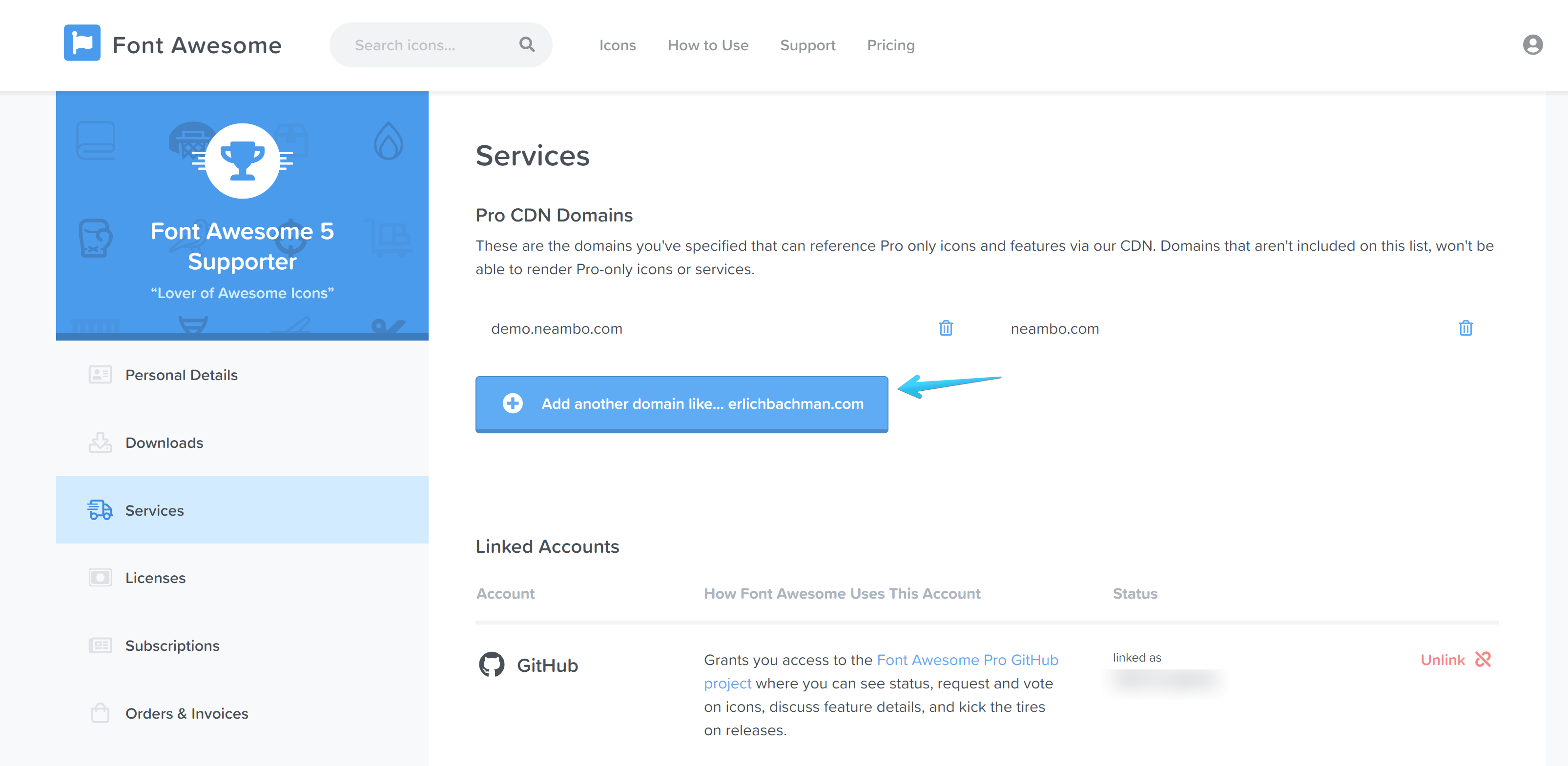 Act2.1 Font Awesome 5 Pro Integration - Services > Domains