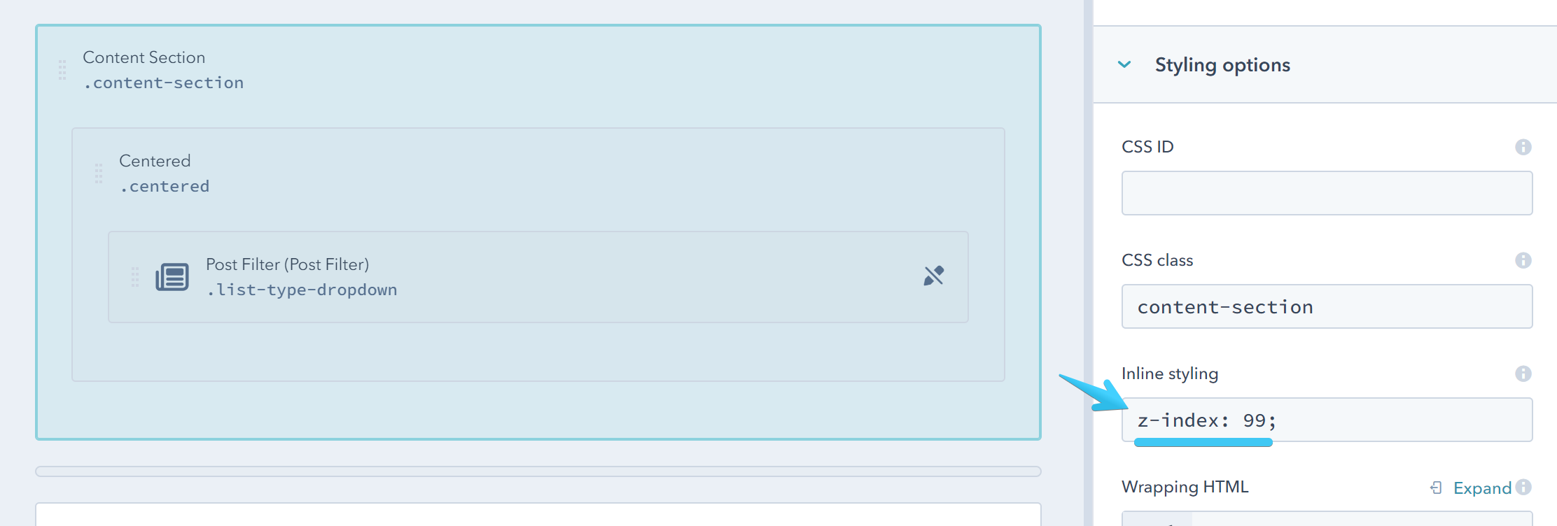 Act2 Template Builder Content Section Edit CSS Z-Index