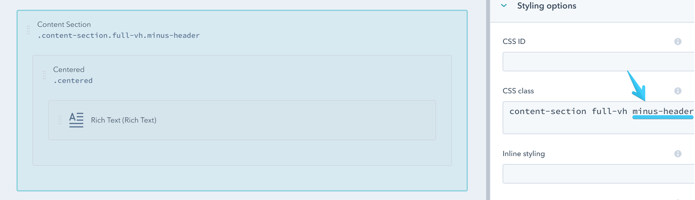 Act2 Template Builder Content Section Full VH Minus Header CSS Classes
