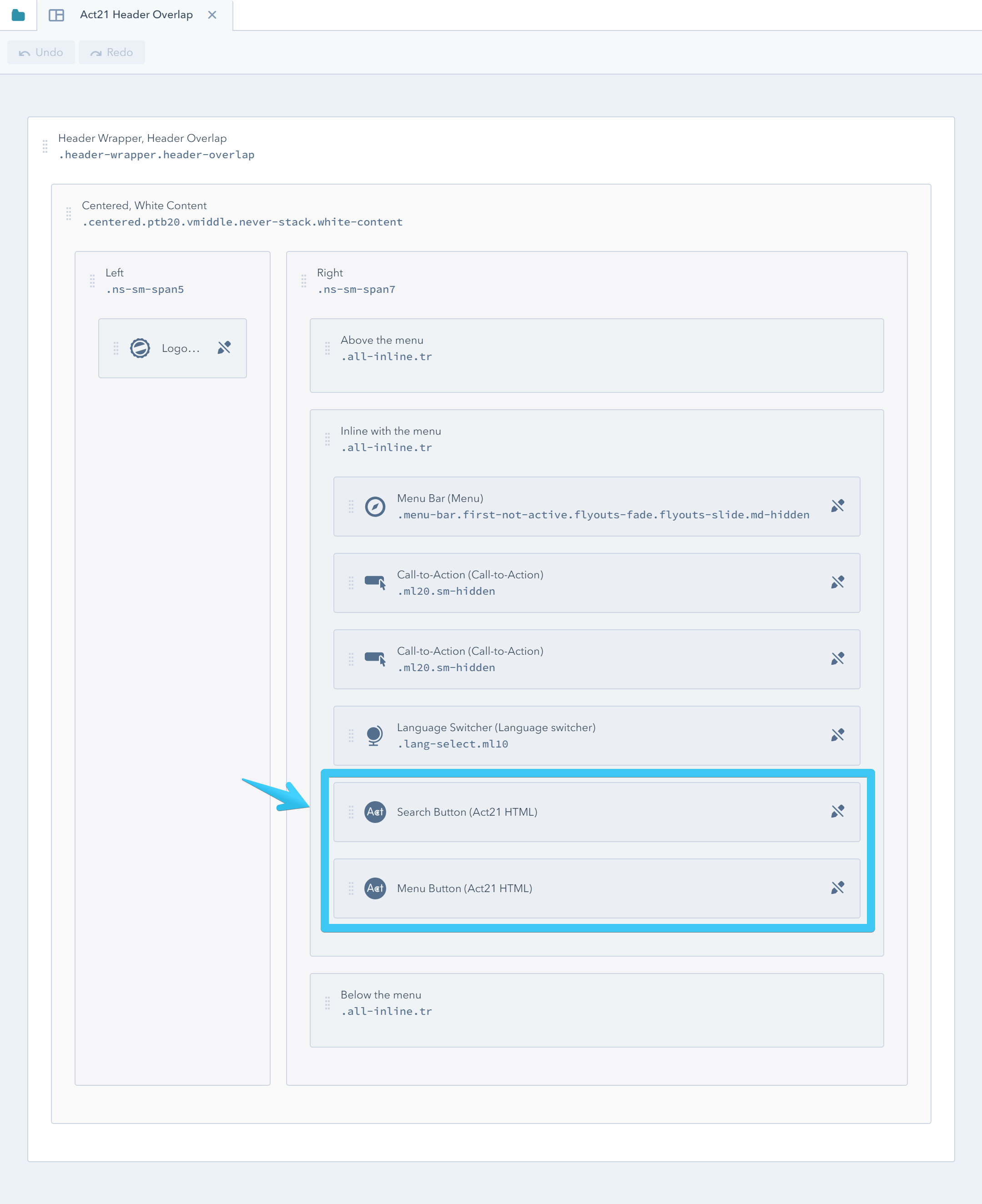 Act2 Template Builder Search and Touch Menu buttons